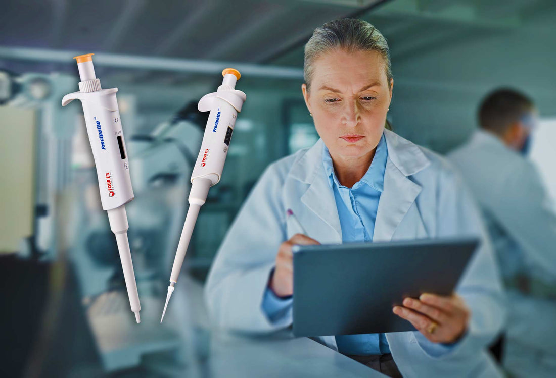Female scientist in lab coat using a tablet with two Four E's USA pipettes displayed in laboratory.