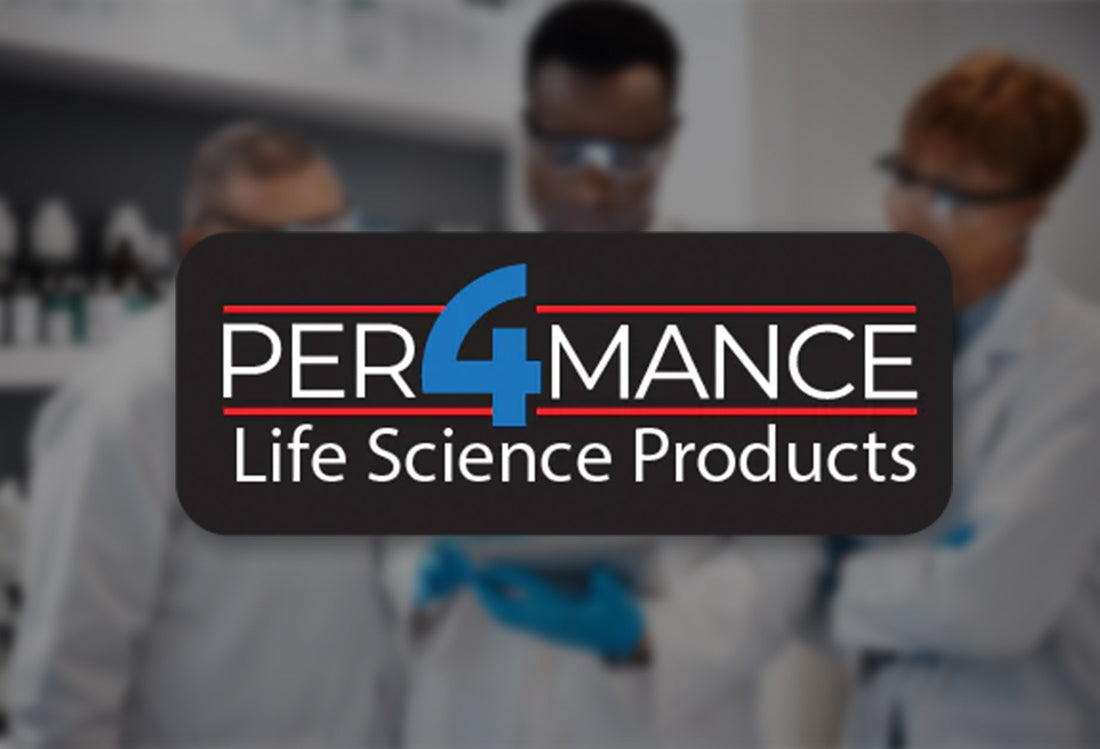 PER4MANCE Life Science Products logo over laboratory team background.