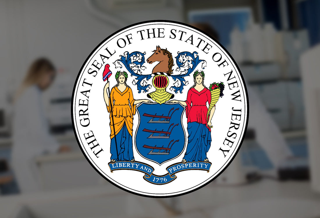 New Jersey state seal with laboratory scene in the background.