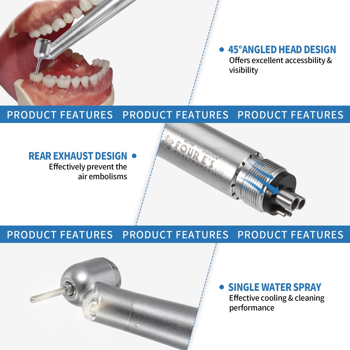 4E's USA Dental 45-Degree Surgical Handpiece 510(K) Approved: Highspeed Surgical Handpiece with LED Generator, Push Button & 4-Hole Coupling, Fully Autoclavable