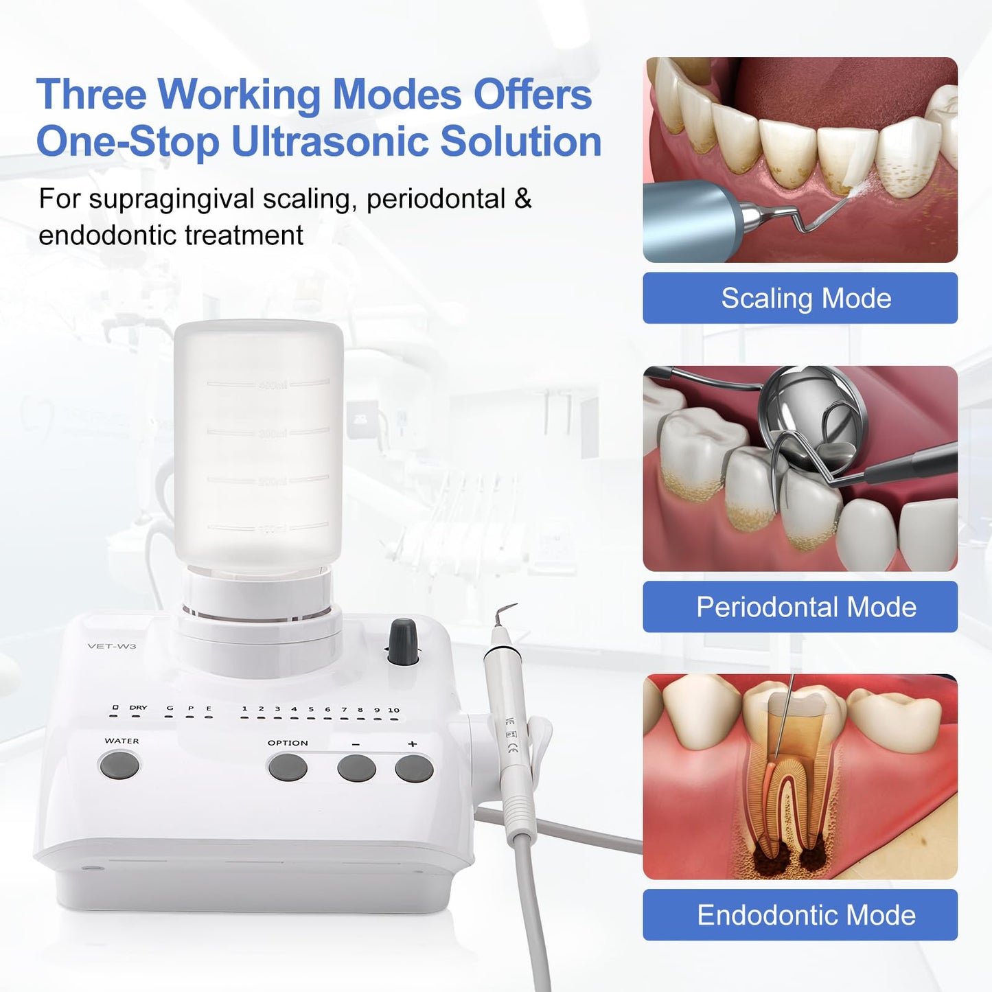 Ultrasonic Scaling System with 3 Operating Modes, Automatic Water Supply System, Handpiece & Tip Kit