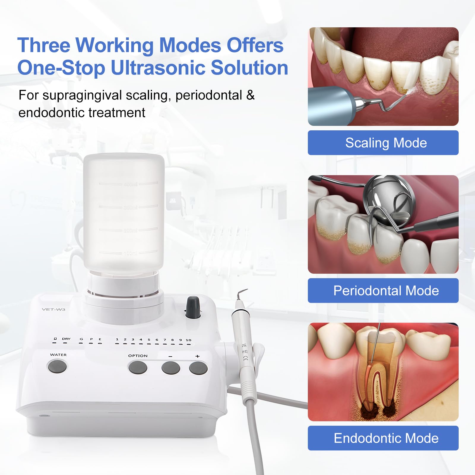 Ultrasonic Scaling System with 3 Operating Modes, Automatic Water Supply System, Handpiece & Tip Kit