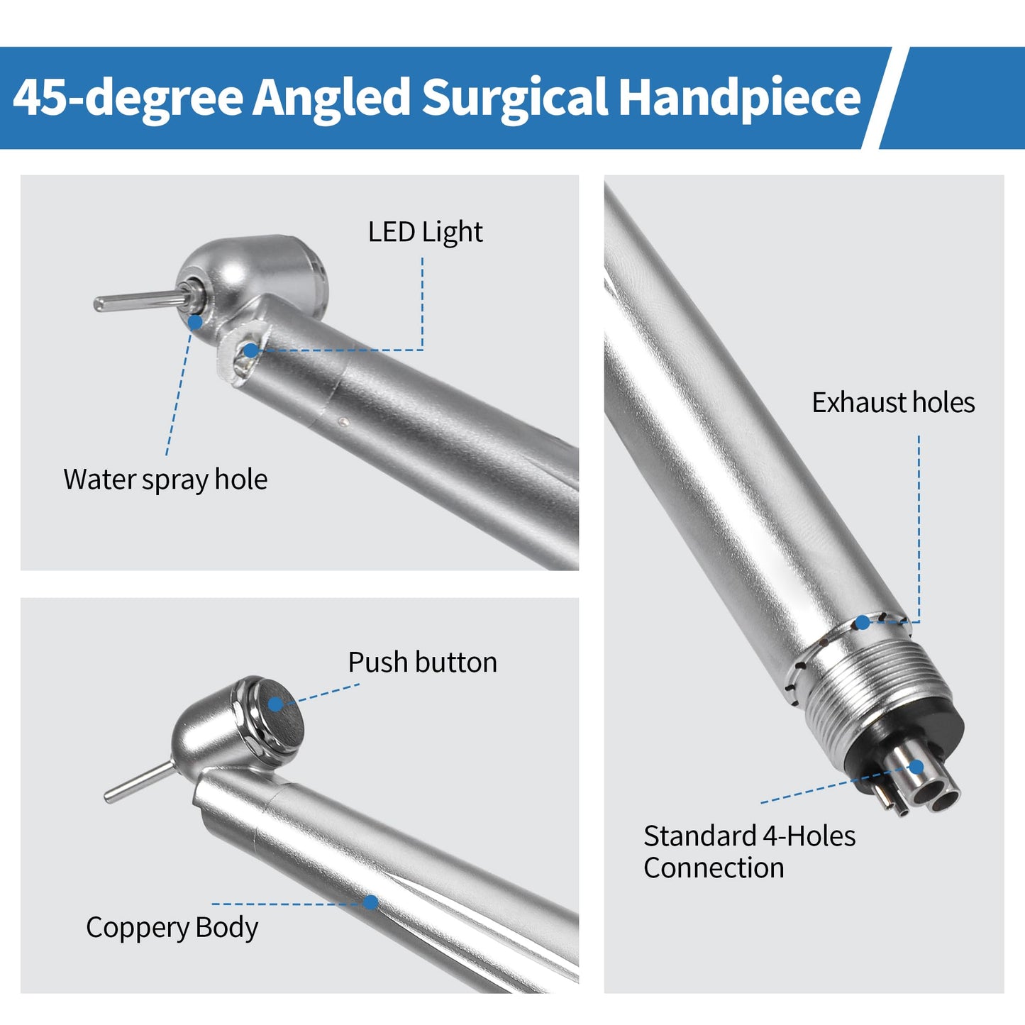 5-Degree Surgical Handpiece 510(K) Approved: Highspeed Surgical Handpiece with LED Generator, Push Button & 4-Hole Coupling, Fully Autoclavable