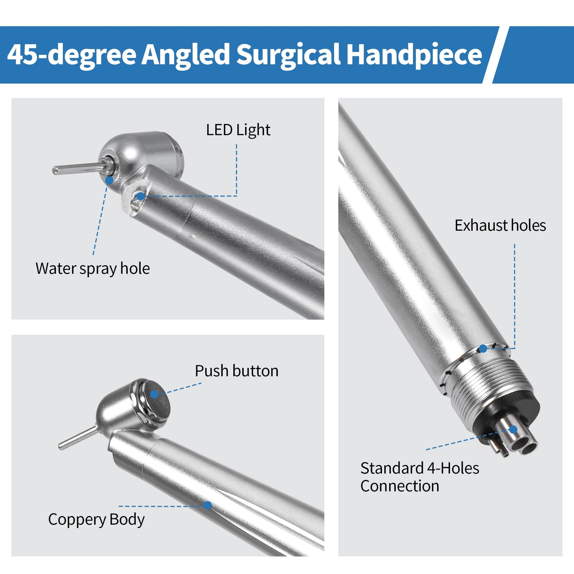 5-Degree Surgical Handpiece 510(K) Approved: Highspeed Surgical Handpiece with LED Generator, Push Button & 4-Hole Coupling, Fully Autoclavable